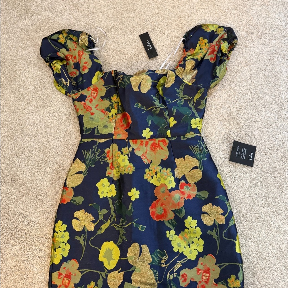 LULUS navy blue floral puff sleeve mini dress - Picture 6 of 6